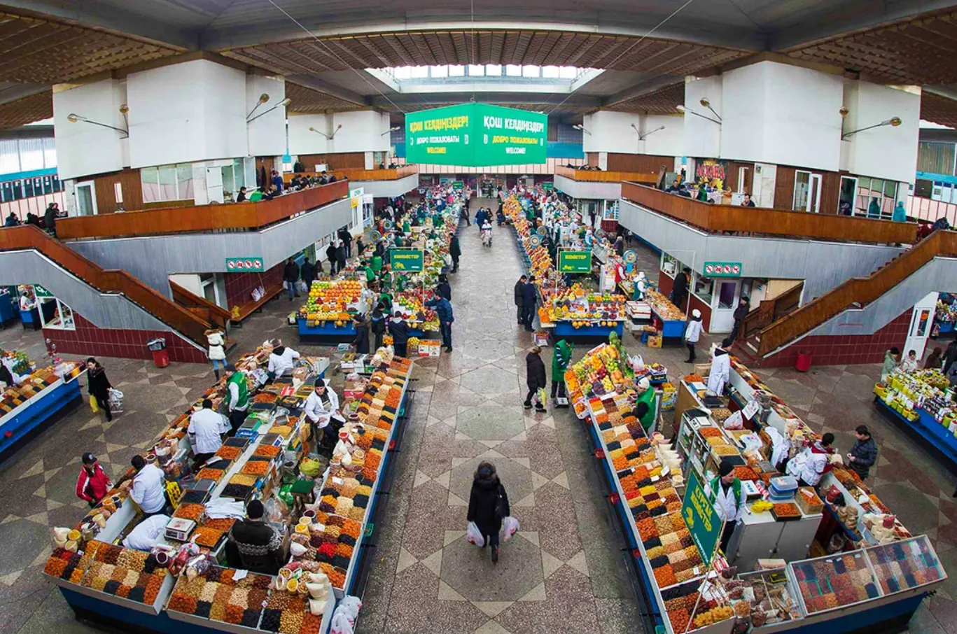 Stalls of dried fruit and spices at the Green Bazaar in Almaty